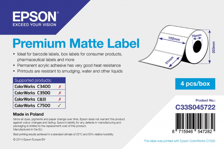 Рулон самоклеящихся этикеток Premium Matte Label, с вырубкой: 102мм x 51мм, 2310 этикеток., C33S045722