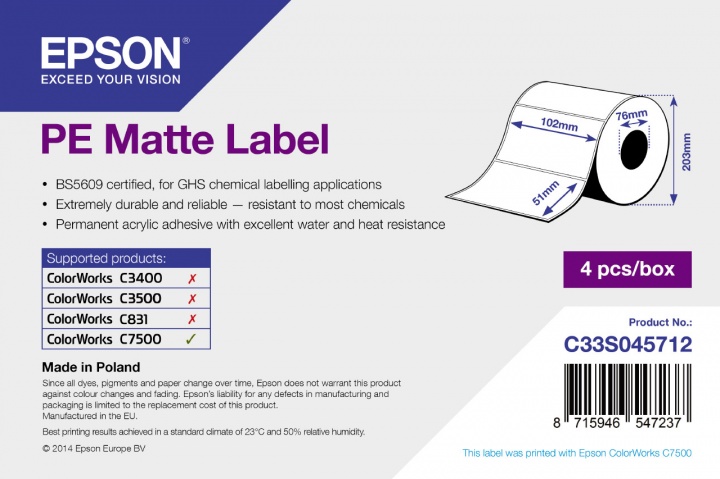 Рулон самоклеящихся этикеток PE Matte Label, с вырубкой: 102мм х 51мм, 2310 этикеток., C33S045712