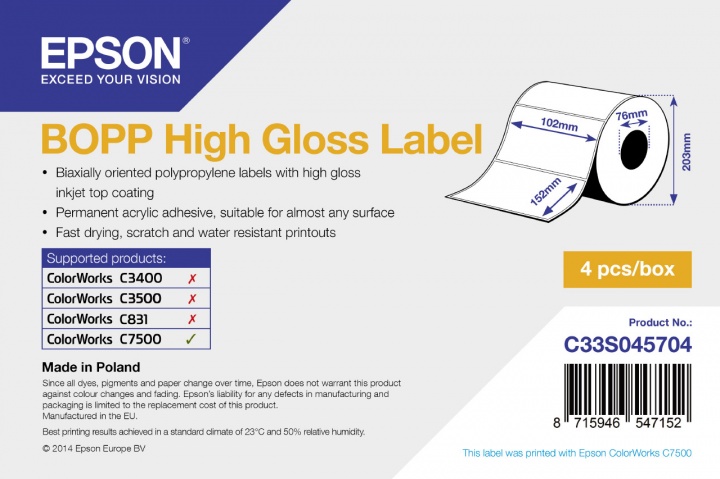 Рулон самоклеящихся этикеток BOPP High Gloss Label, с вырубкой: 102х152мм, 960 этикеток., C33S045704