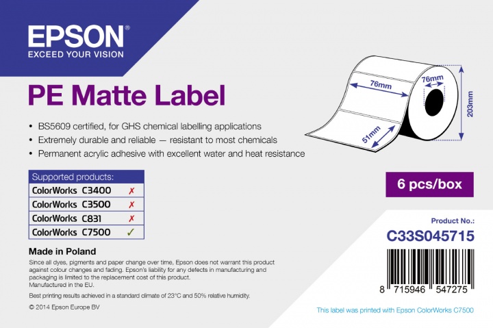 Рулон самоклеящихся этикеток PE Matte Label, с вырубкой: 76мм х 51мм, 2310 этикеток., C33S045715